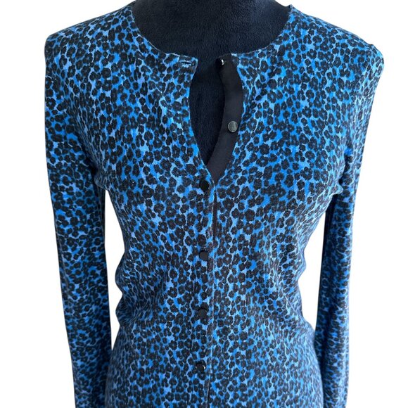Ann Taylor Blue Animal Print Medium Button Long Sleeve Cardigan - Picture 1 of 4